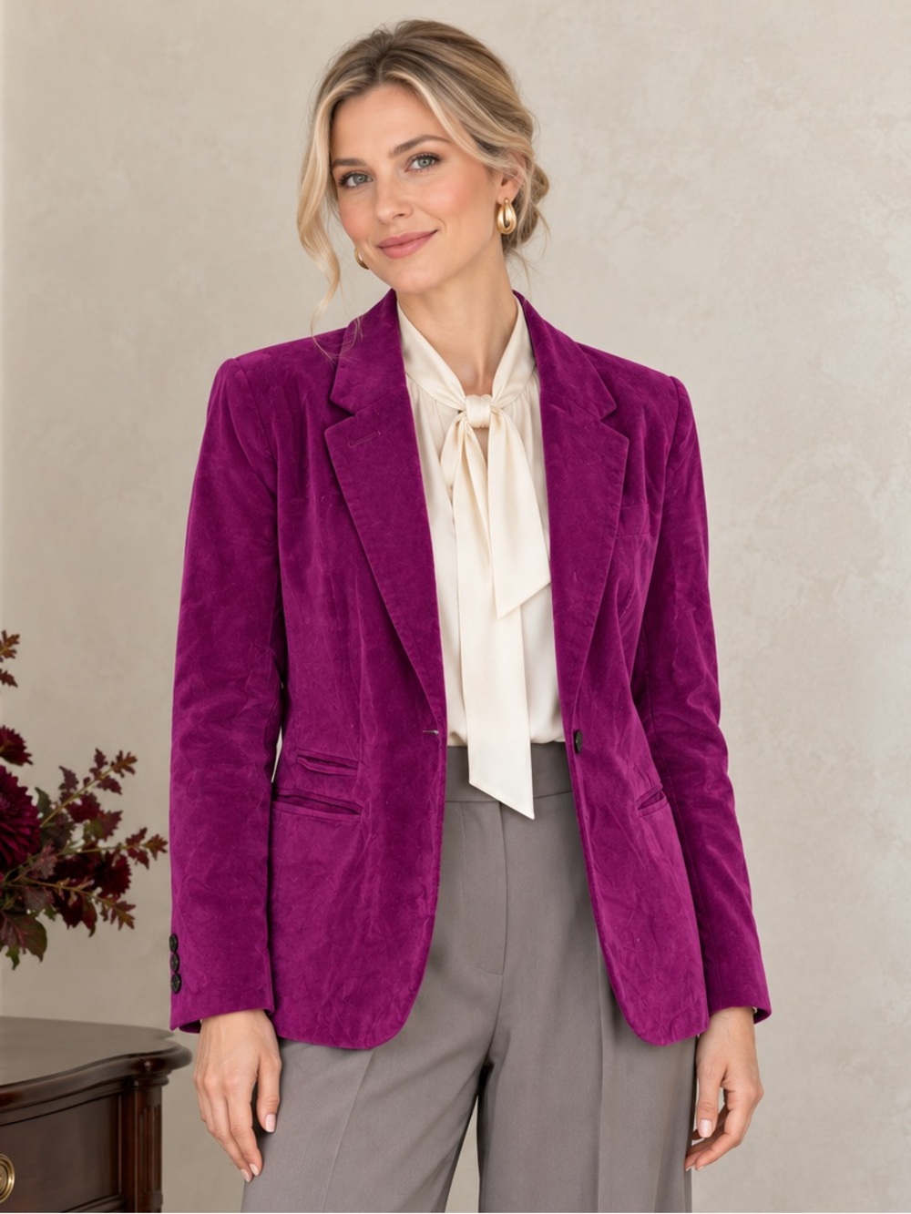 Vintage 90s Cool Magenta Cotton Velvet Blazer Jewel Tone Old Money M